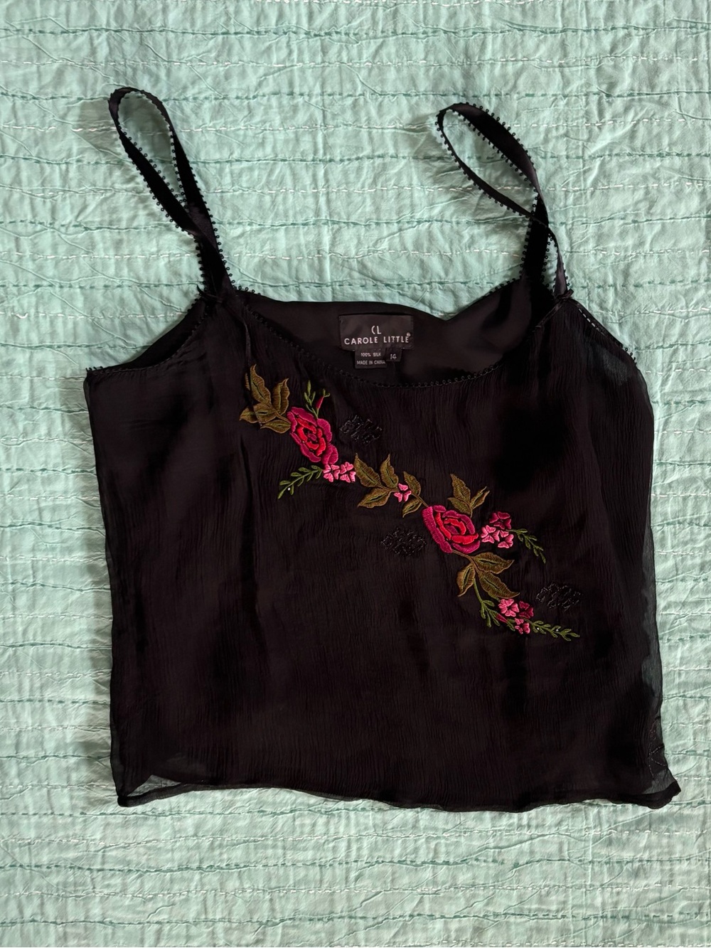 Vintage Carole Little 100% Silk Black Embroidered Floral Crop Tank Top Size 14
